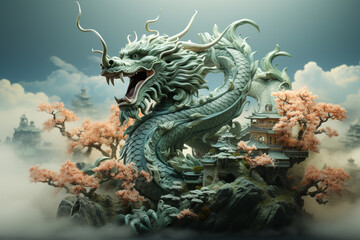 Fototapeta premium Traditional Asian green dragon close up, green background. 2024 Chinese New Year zodiac sign. AI Generative