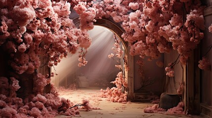 The romantic tunnel of pink flower trees. Floral flower illustration. Generative AI