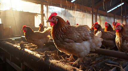Indoors chicken farm, chicken feeding. Agriculture environment illustration. Generative AI