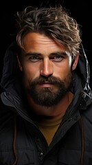Fototapeta premium Close-up face of young bearded man on dark background. Man face portrait illustration. Generative AI