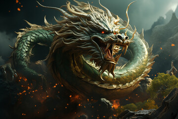 Traditional Asian green dragon close up, green background. 2024 Chinese New Year zodiac sign. AI Generative