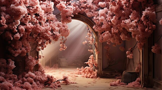 Fototapeta The romantic tunnel of pink flower trees. Floral flower illustration. Generative AI