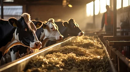 Foto op Plexiglas Healthy dairy cows feeding on fodder standing in row of stables in cattle farm barn with worker adding food for animals in blurred background. Agriculture environment illustration. Generative AI © tanyastock