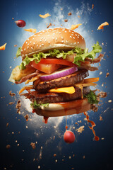 Big hamburger with flying ingredients on sky background. 3d rendering