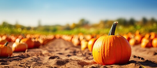 Fresh orange pumpkins in a rural landscape Copy space available Blurred background