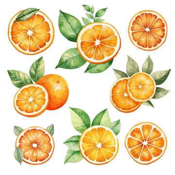 Watercolor orange slice fruit with leaves for food vitamin design on white background.