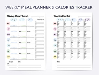 Weekly meal planner and calories tracker, digital planner with shopping list. Vector illustrationWeekly meal planner and calories tracker for healthy eating, digital planner shopping list vector illus - 668349265