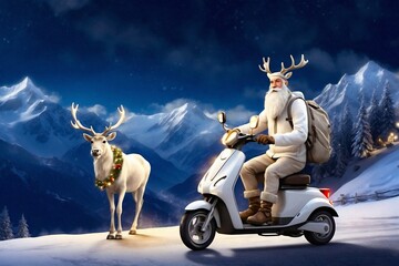 A white reindeer dressed in a winter jacket and pants rides an electric scooter. In the background is a picture of a mountain at night in winter.  Christmas 2023. Xmas Illustration. Generative AI.   - obrazy, fototapety, plakaty