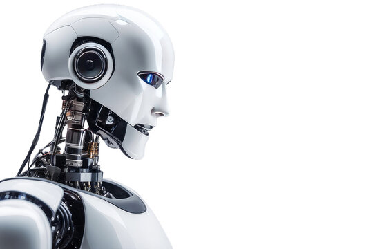  a quality stock photograph of a single ai robot isolated on a white background