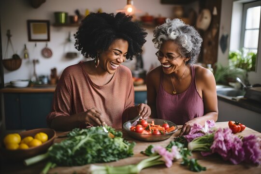 Mature Black women friends cooking together in the kitchen having fun. Generative AI
