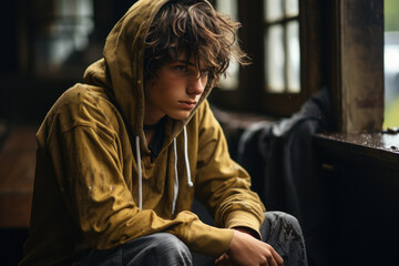 A teenager sitting alone, lost in thought, a window into the struggles of depression in young minds. Concept of adolescent mental well-being. Generative Ai.