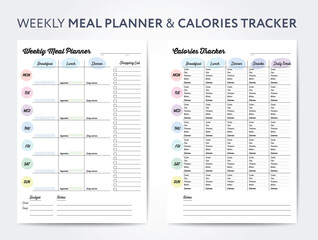 Weekly meal planner and calories tracker, digital planner with shopping list. Vector illustrationWeekly meal planner and calories tracker for healthy eating, digital planner shopping list vector illus - 668349889