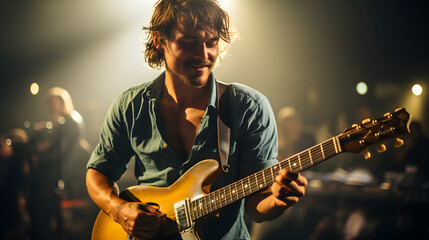 Obraz premium The guy sings for the crowd and plays a rock guitar