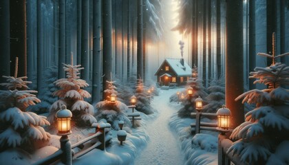 Dreamy snowy forest at dawn, tall pines with fresh snow, pathway illuminated by vintage lanterns, hidden cottage, smoke from chimney symbolizing warmth and togetherness.