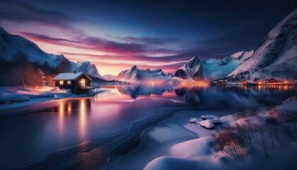 Serene winter landscape at dusk, frozen lake reflecting twilight sky, lone wooden cabin on shore, distant snow-covered mountains.