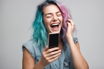 a quality stock photograph of a single happy young woman with colored hair and a smartphone in her hand