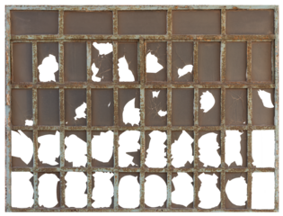 A window in an old workshop with damaged panes. Isolated background.