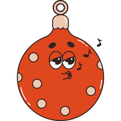 Christmas red ball. Cool retro groovy cartoon character. Traditional Xmas tree decoration toy. Vector illustration.