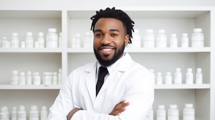Fictitious smiling African American male pharmacist AI generative
