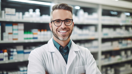 Fictitious smiling caucasian male pharmacist AI generative