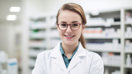 Fictitious smiling caucasian female pharmacist AI generative