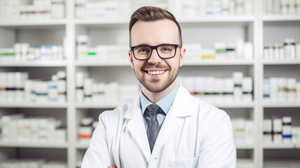 Fictitious smiling caucasian male pharmacist AI generative