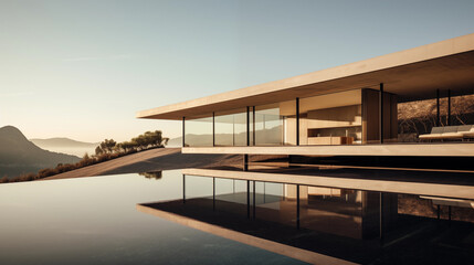 Obraz premium Contemporary design meets nature: sleek lines, flat roofs, and expansive glazing frame the undulating landscape, harmoniously blending built form with the environment. Generative AI.