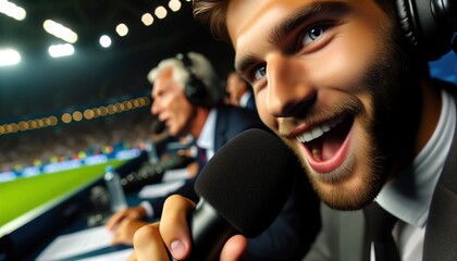 Commentators are covering a live match in a broadcast booth.