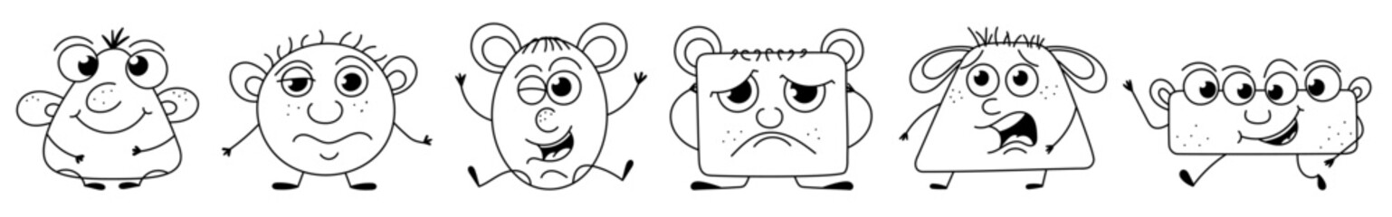  Six monsters with bodies in the form of geometric shapes and different emotions. Sad, happy, scared and surprised aliens. Oddballs for colouring.