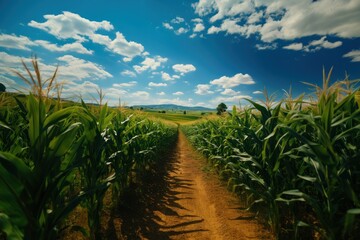 Close up of corn field with blue sky and white clouds in background. Agriculture concept with a copy space.