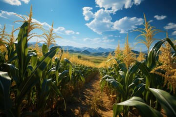 Corn field and blue sky with white clouds, agricultural landscape background. Agriculture concept with a copy space.