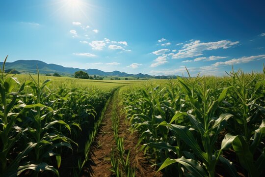 Green corn field with blue sky and mountain background, agricultural landscape. Agriculture concept with a copy space.