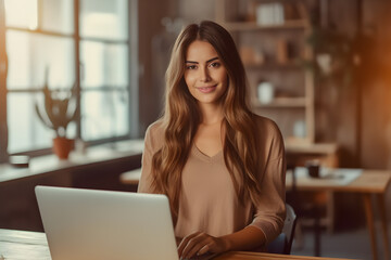 Junge Frau mit langen braunen Haaren hinter einem Laptop in einem Boho Büro