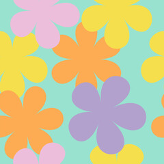 Fototapeta premium Summer fresh trend color vector seamless pattern. Colorful art abstract bright geometric print. Pastel yellow, pink, purple rose, orange flowers on watery aqua background. Spring fabric. Wallpaper.