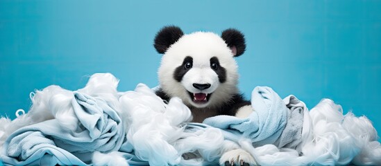 Joyful woman admiring her clean panda toy just washed - obrazy, fototapety, plakaty
