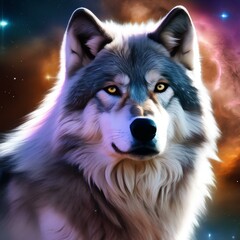 An ethereal, celestial wolf with fur that shimmers with the colors of the nebulae, howling amidst cosmic storms2