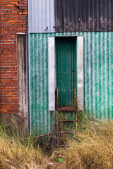 Small green door on side of abandoned warehouse. Brick wall and overgrown weeds