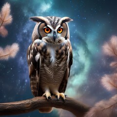 A luminous, nebula-born owl with eyes that see into parallel dimensions, perched on a cosmic branch1