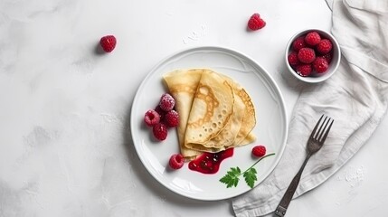  Crepes, thin pancakes with raspberry on white plate. Marble background. Top view. Copy space. Healthy summer breakfast, homemade classic american pancakes with fresh berry and nutella