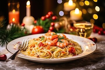 Pasta with seafood on a Christmas background. Feast of the Seven Fishes. - obrazy, fototapety, plakaty