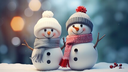 a snowman couple sharing a scarf cute frosty romance  generative AI