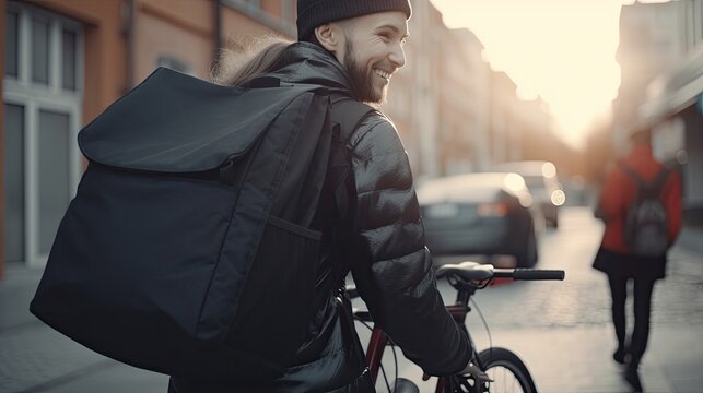  Happy Food Delivery Man Wearing Thermal Backpack on a Bike Delivers Restaurant Order to a Beautiful Female Customer. 
