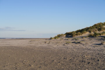 Diese Sanddünen reichen auf der holländischen Nordseeinsel Schiermonnikoog an den Strand. Gesehen an einem sonnigen Herbsttag.