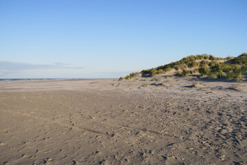 Der Strand der niederländischen Nordseeinsel Schiermonnikoog ist sehr breit zwischen der Nordsee und den Dünen. An diesem Nachmittag im Herbst scheint die Sonne.  - obrazy, fototapety, plakaty