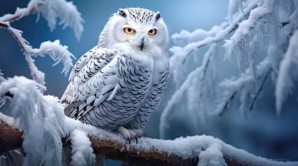 a snowy owl perched on an icy branch majestic winter bird  generative AI