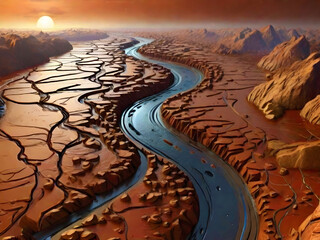 Mars planet surface covered with dried riverbeds. Mars dry out. Life on Mars concept. Exploring universe, planets and Solar system. Top view, panorama view - obrazy, fototapety, plakaty