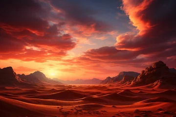 Crédence de cuisine en verre imprimé Rouge violet A vast desert landscape with rolling dunes and a brilliant sunset. Concept of solitude and natural beauty. Generative Ai.