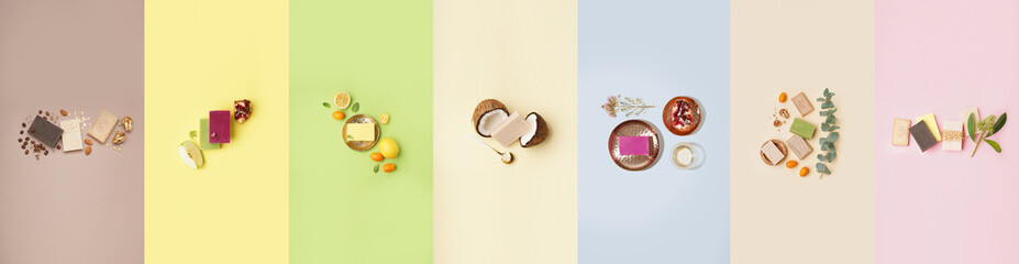 Set of different natural soap bars on color background, top view