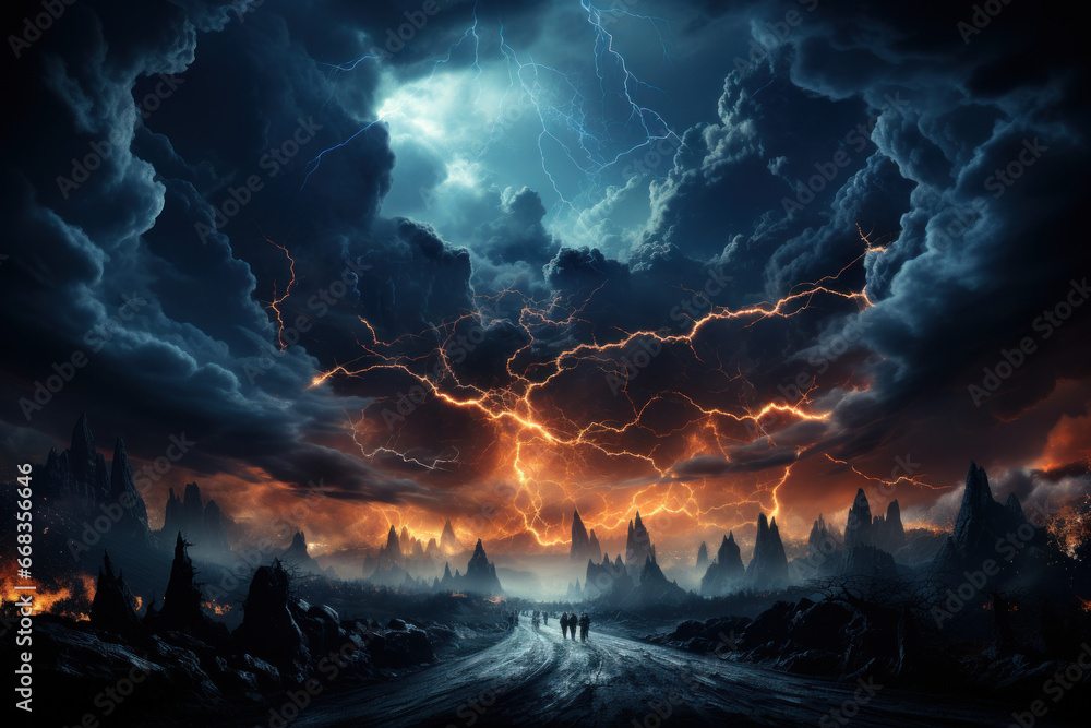 Canvas Prints a dramatic thunderstorm with lightning illuminating a dark sky. concept of nature's power and intens