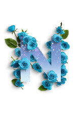 Alfabeto di carta con gruppo di rose blu  su sfondo bianco